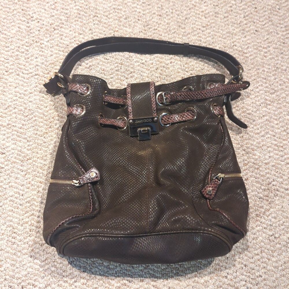 JIMMY CHOO Ramona Purse Shoulder Tote Bag Brown Snakeskin Y2K